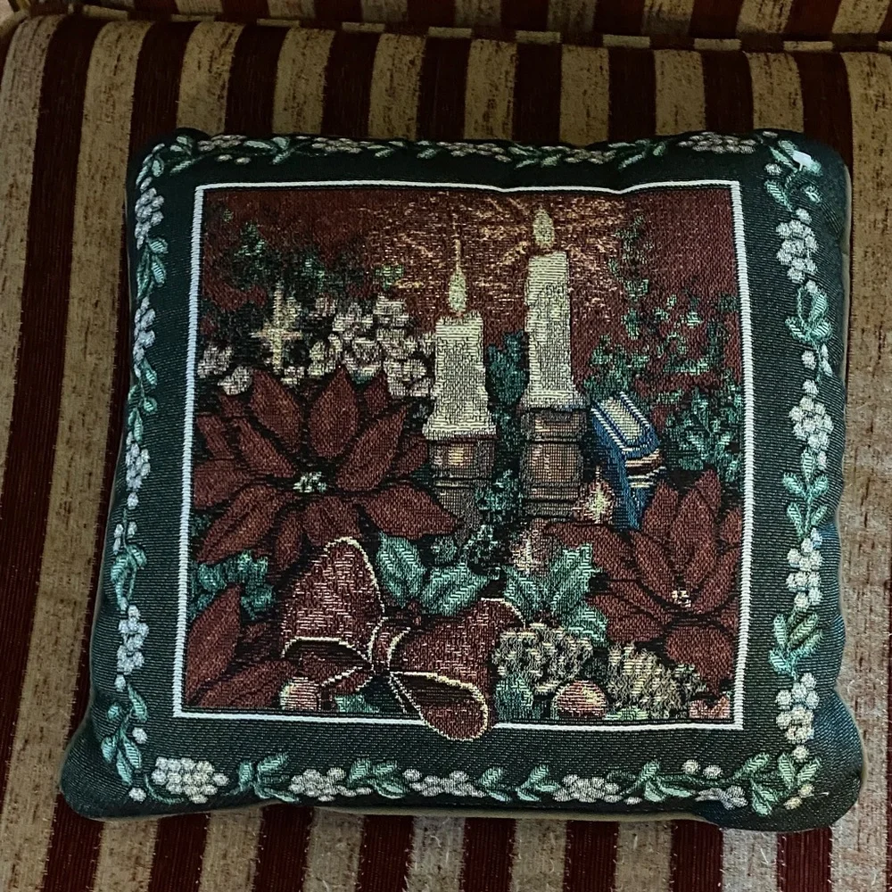 Holiday Decorative Pillow with Candle and Poinsettia Design
